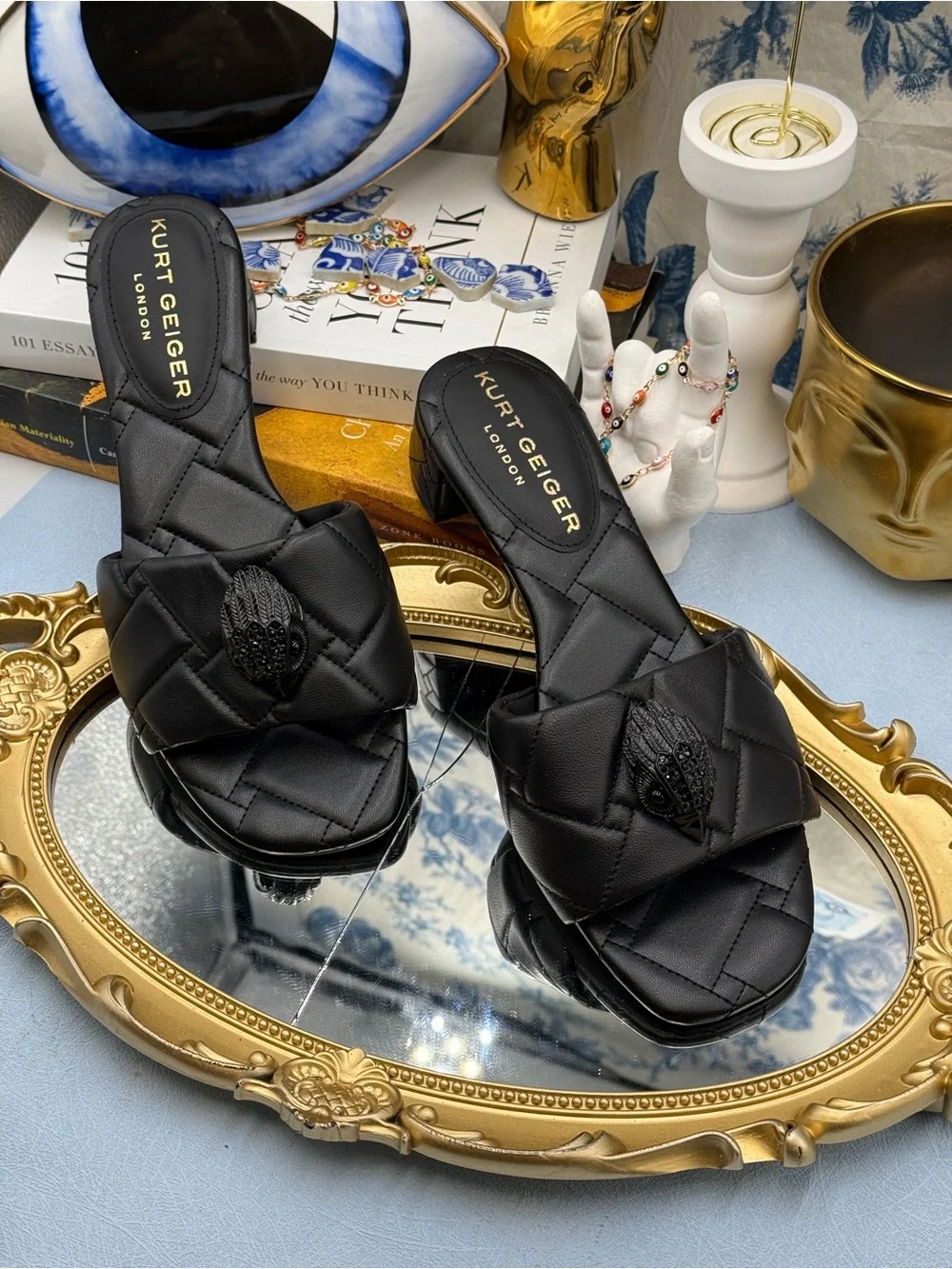 🆕 KURT GEIGER LONDON 🧿 NWOB Black Kensington Quilted Block Heel Sandal, Sz37 7